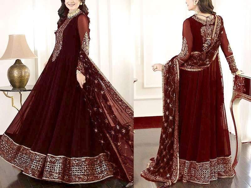 Embroidered Maroon Chiffon Maxi Dress with Embroidered Net Dupatta