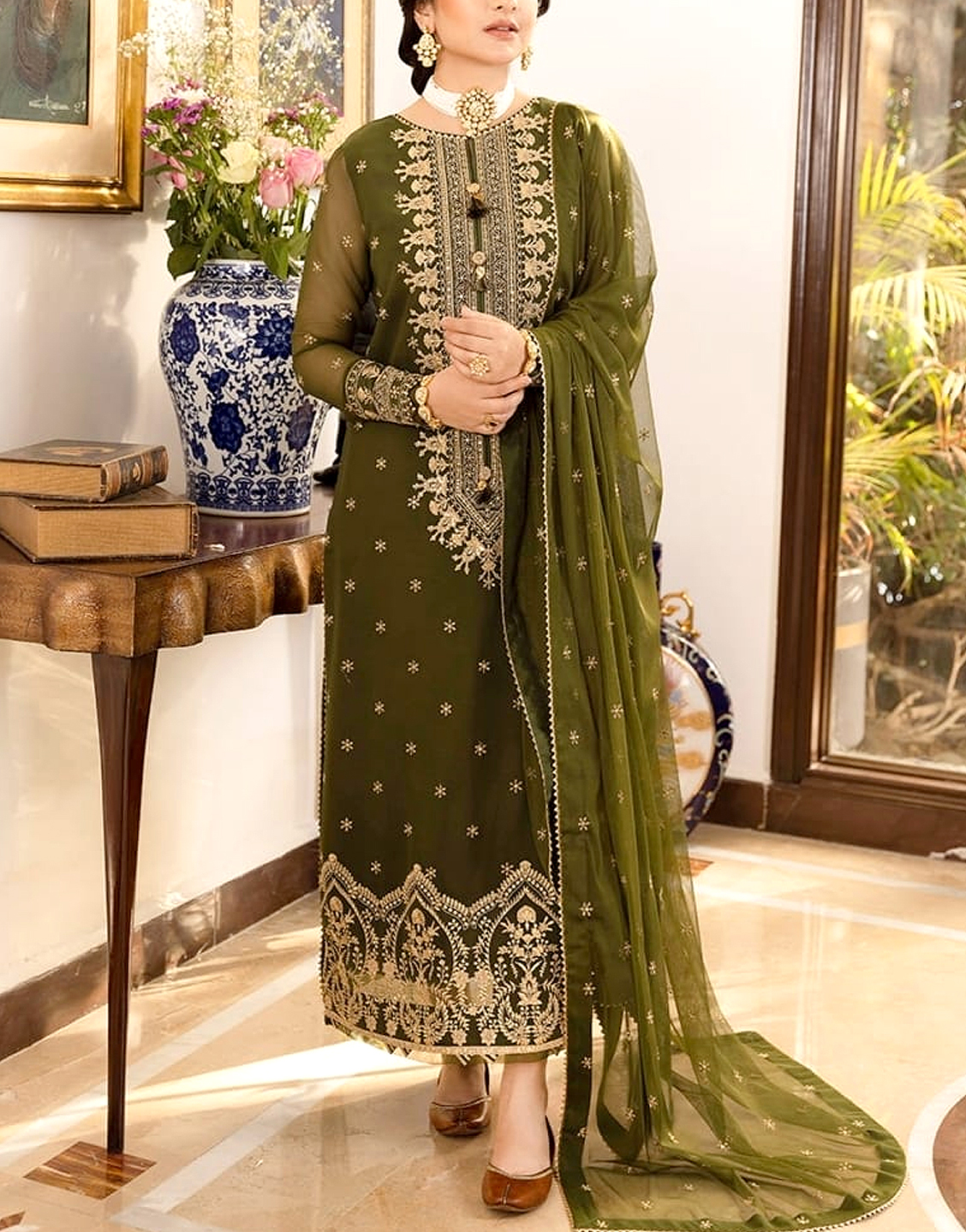 Indian Mirror Work Embroidered Chiffon Maxi Dress Price in Pakistan