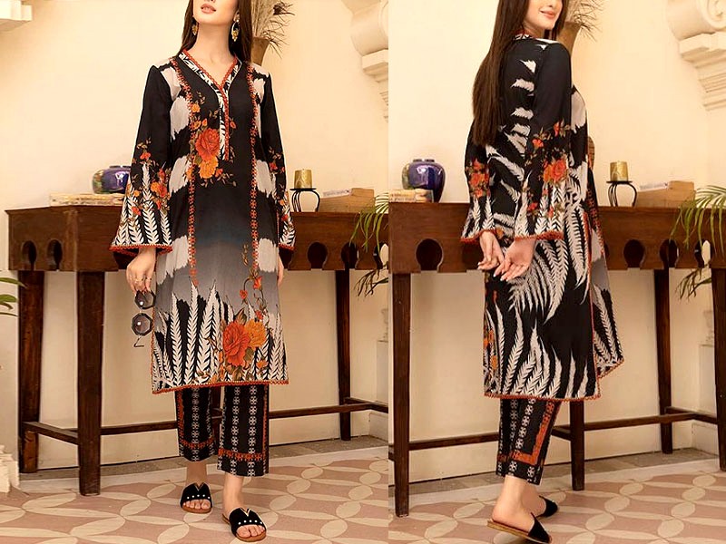 Elegant Mirror Work Embroidered Paper Cotton Dress 2021 with Silk Trouser Price in Pakistan