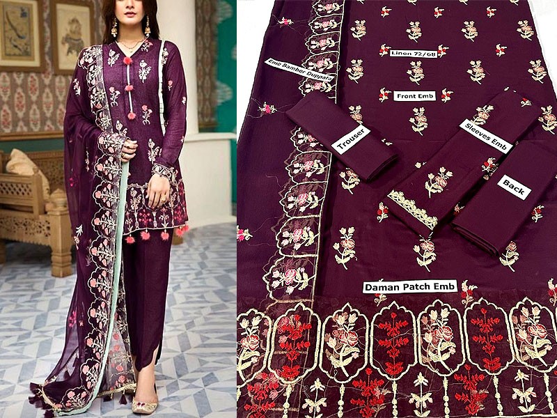 Luxury Embroidered Linen Suit 2023 with Bamber Chiffon Dupatta