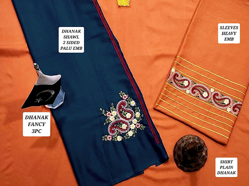 Decent Embroidered Dhanak Dress with Dhanak Shawl Dupatta