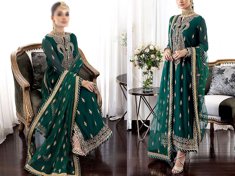 Indian Embroidered Green Chiffon Maxi Dress Price in Pakistan