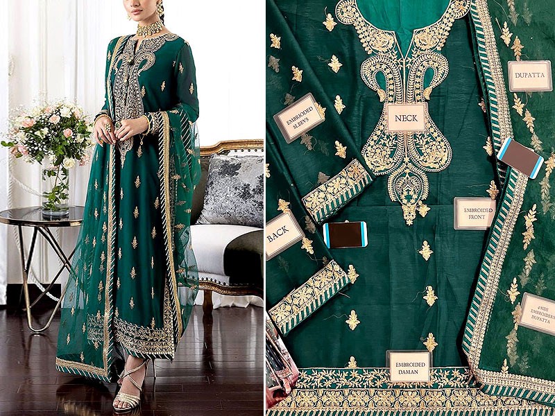 Embroidered Chiffon Wedding Dress 2023 with Embroidered Net Dupatta