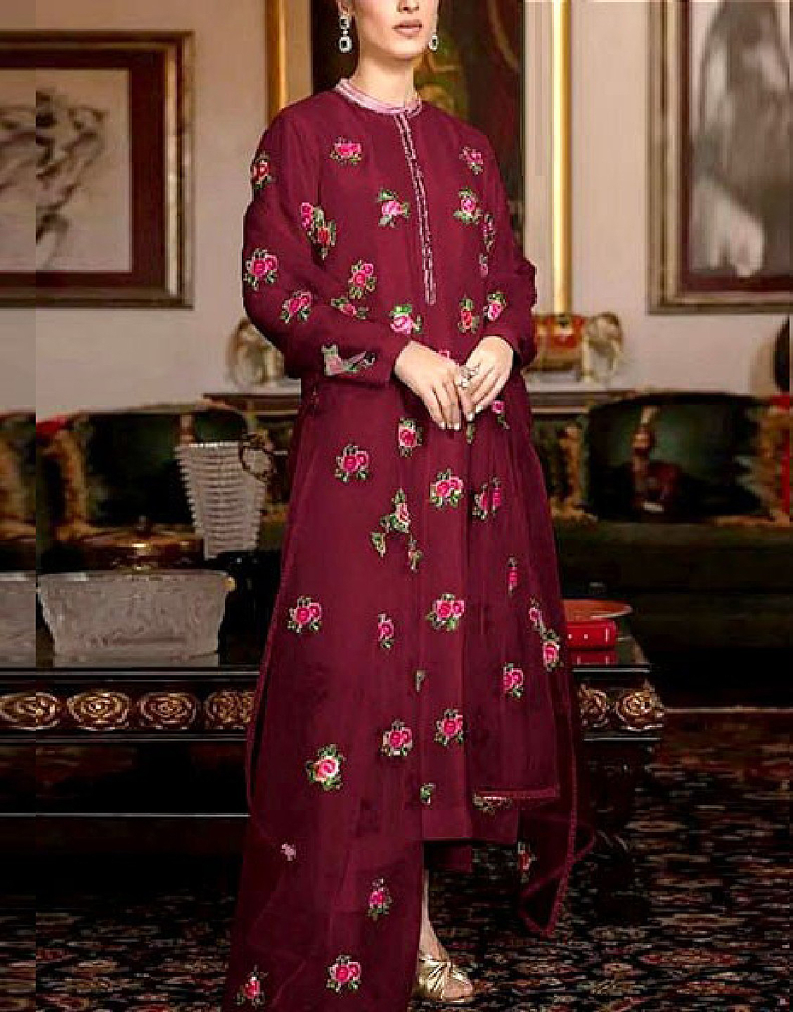 Readymade 2-Piece Embroidered Chiffon Maxi with Embroidered Silk Trouser Price in Pakistan