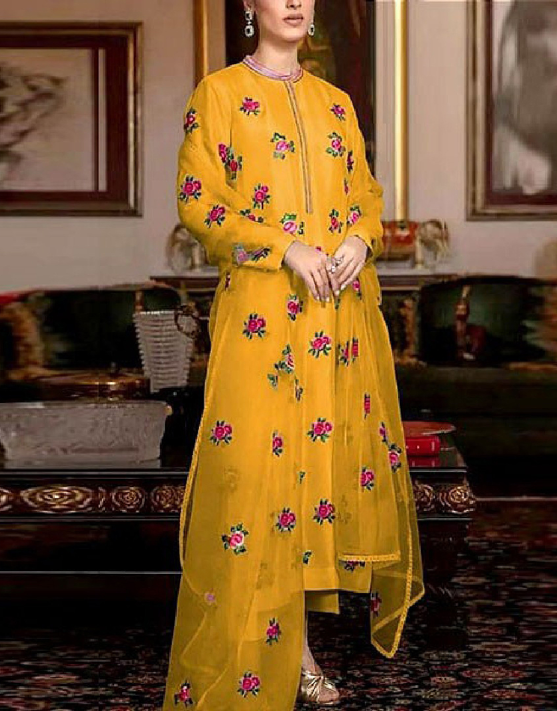 Readymade 3-Piece Embroidered Silk Maxi Dress with Embroidered Chiffon Dupatta Price in Pakistan