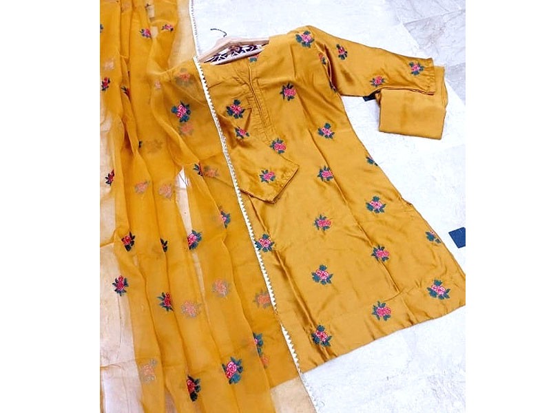 Readymade 3-Piece Embroidered Shamoz Silk Dress with Emb. Organza Dupatta