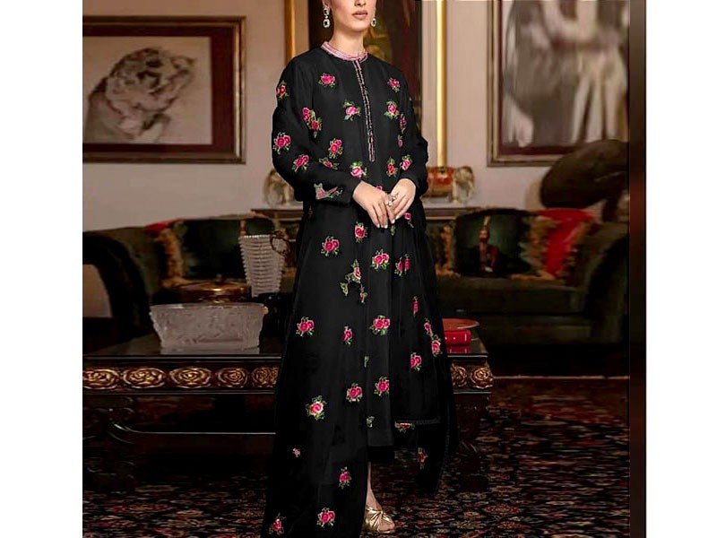 Readymade 3-Piece Embroidered Shamoz Silk Dress with Emb. Organza Dupatta