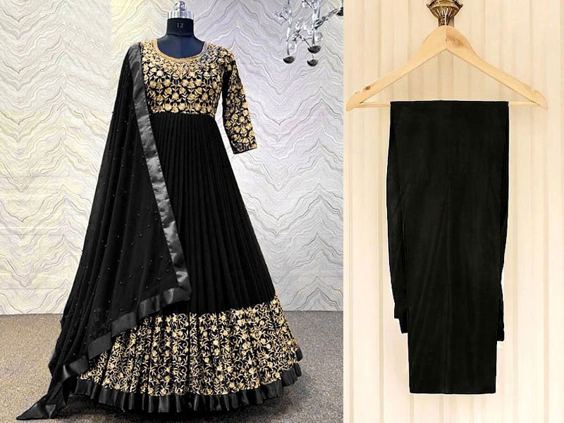 Readymade 3-Piece Embroidered Shamoz Silk Maxi Dress - Black 