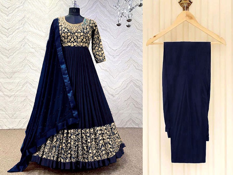 Readymade 3-Piece Embroidered Shamoz Silk Maxi Dress - Navy Blue