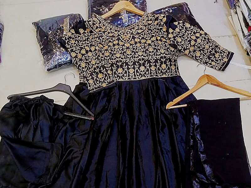 Readymade 3-Piece Embroidered Shamoz Silk Maxi Dress - Navy Blue