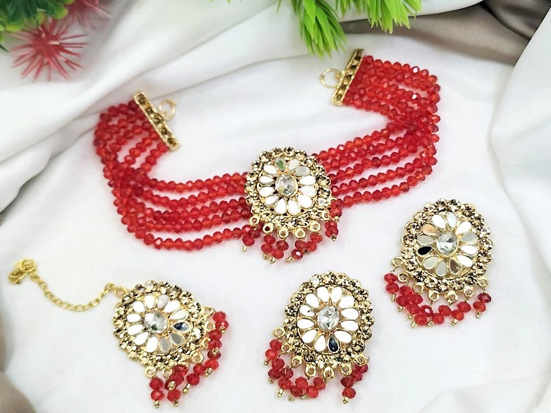 Vibrant Color Beads Party Wear Necklace Set with Earrings & Teeka Price in Pakistan