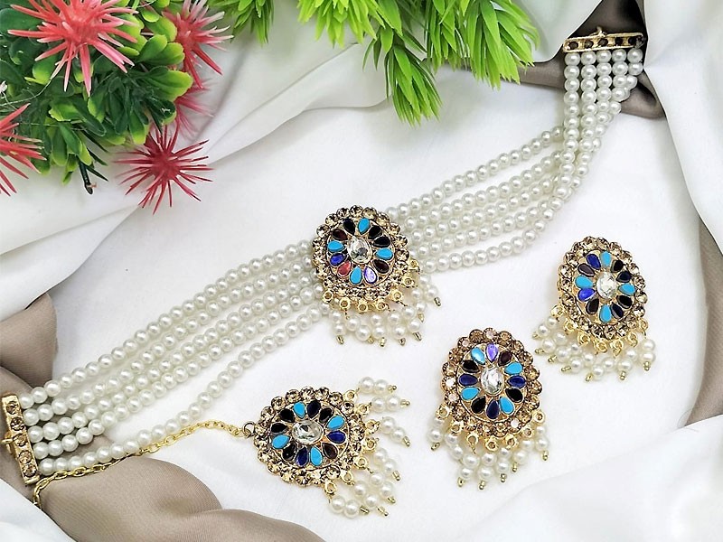 Multi-Colored Stone Party Wear Jewelry Set with Earrings & Tikka Price in Pakistan