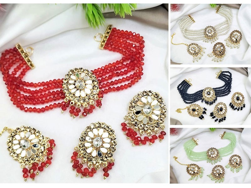 Elegant Bridal Choker Jewelry Set with Earrings and Tikka Price in Pakistan