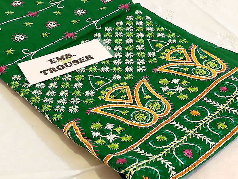 Unstitched Phulkari Embroidery Cotton Trouser Only - Green