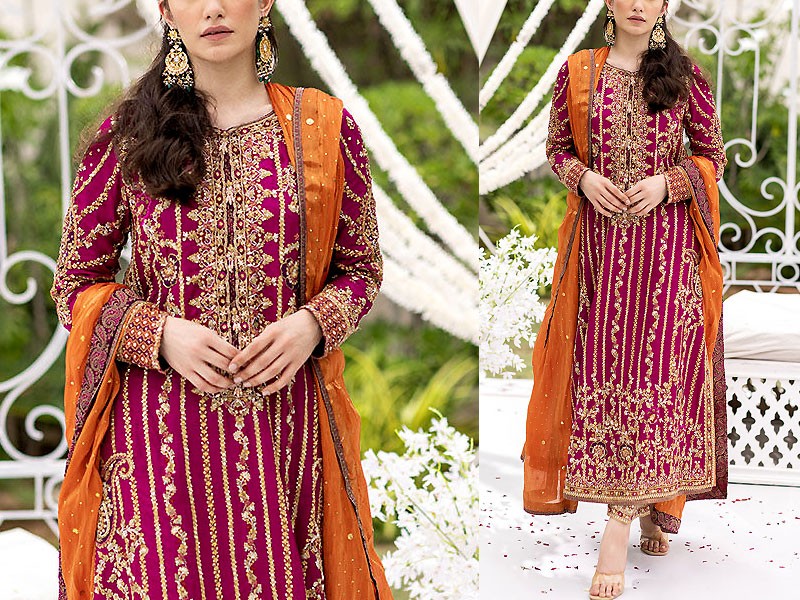 Decent Embroidered Navy Blue Chiffon Party Wear Dress 2023 Price in Pakistan