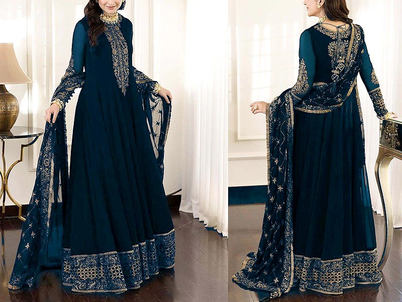 Adorable Embroidered Chiffon Party Wear Dress with Embroidered Silk Trouser Price in Pakistan