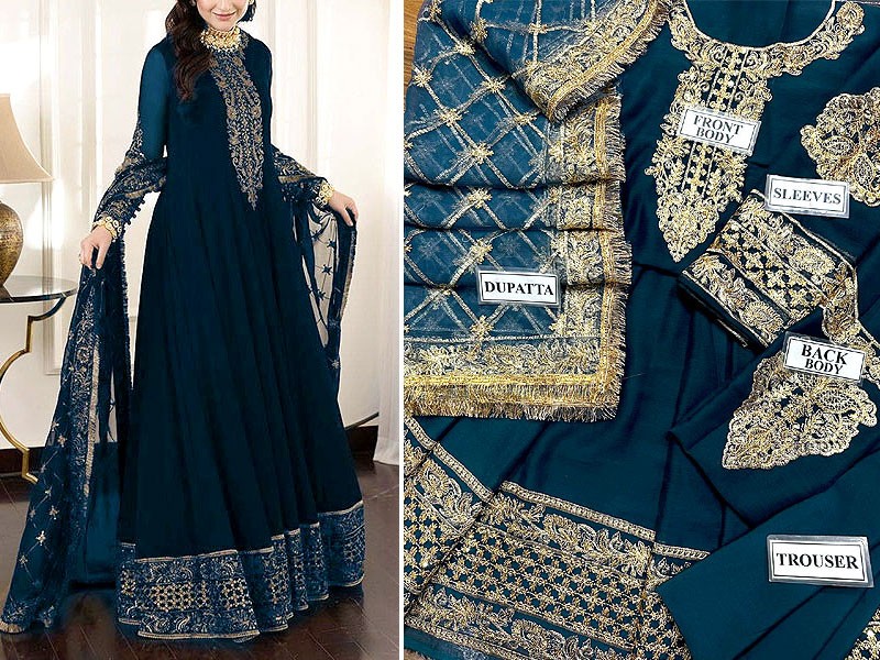 Elegant Embroidered Blue Chiffon Maxi Dress with Embroidered Net Dupatta