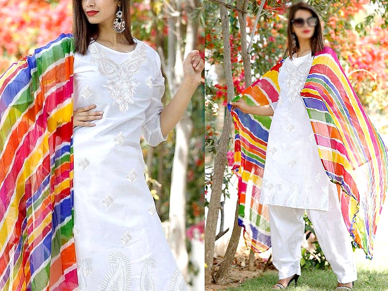 Elegant Embroidered Cotton Dress with Vibrant Color Chiffon Dupatta Price in Pakistan