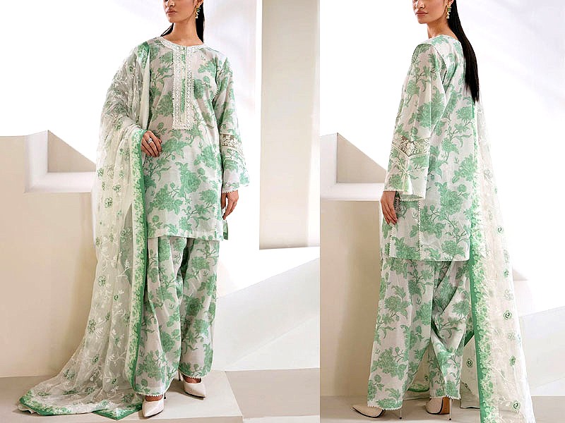 Elegant Embroidered EID Lawn Dress 2023 with Chiffon Dupatta Price in Pakistan