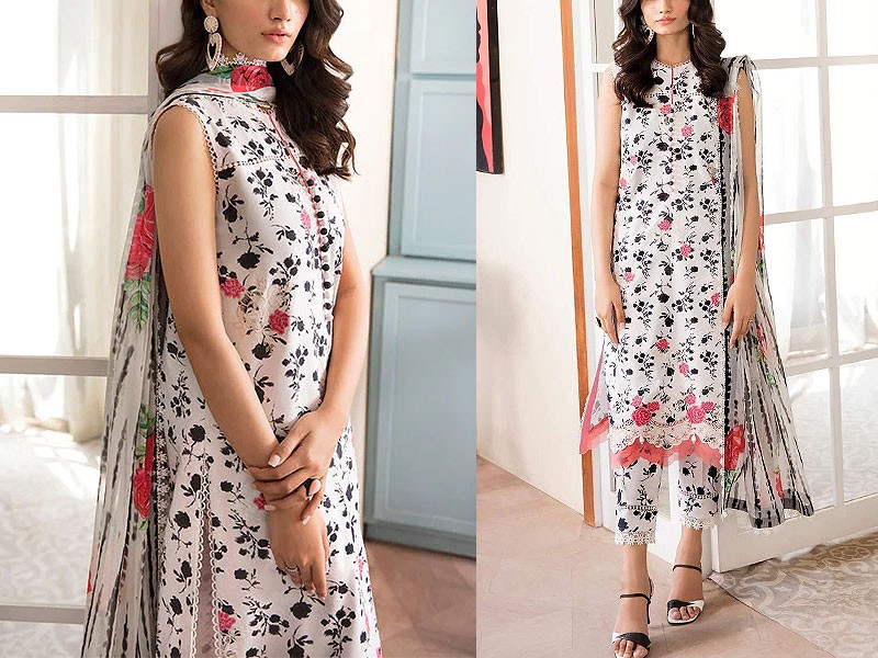 Trendy Butterfly Print Embroidered Lawn Dress 2024 with Diamond Lawn Dupatta Price in Pakistan