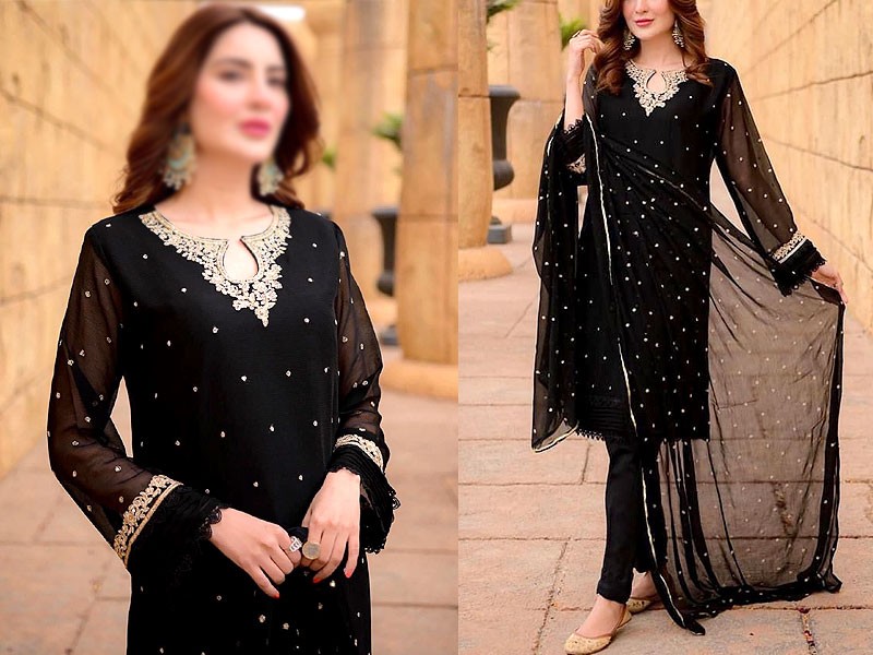Trendy Embroidered Black Chiffon Wedding Dress 2023 Price in Pakistan
