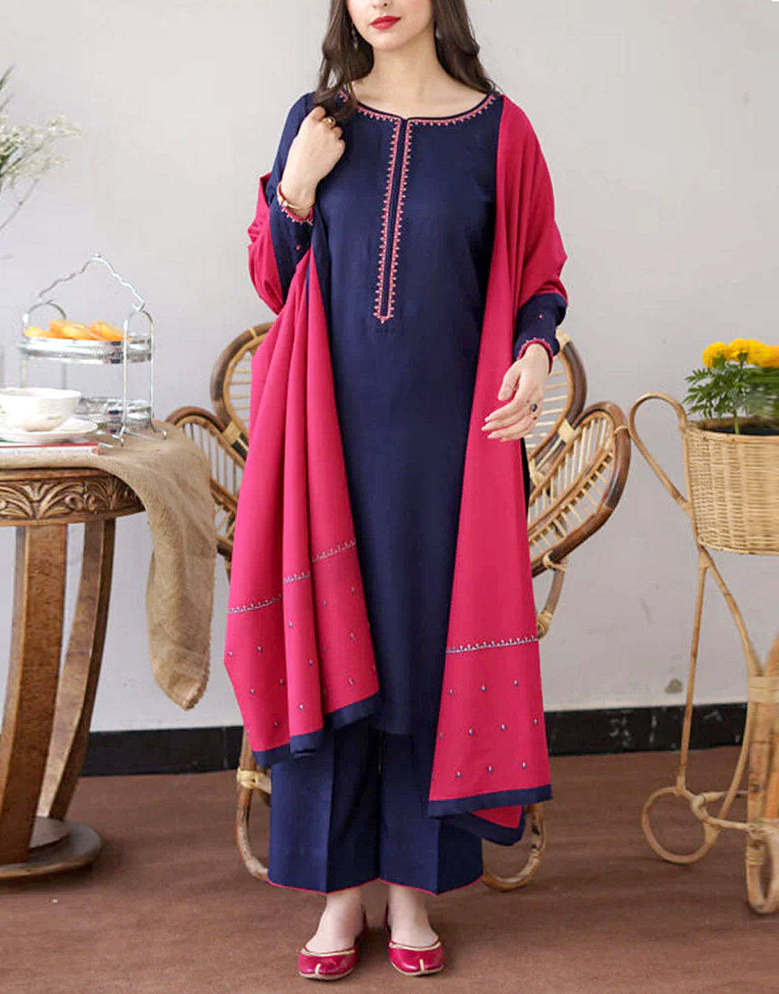 Heavy Full Front Embroidered Khaddar Dress with Wool Shawl Dupatta Price in Pakistan