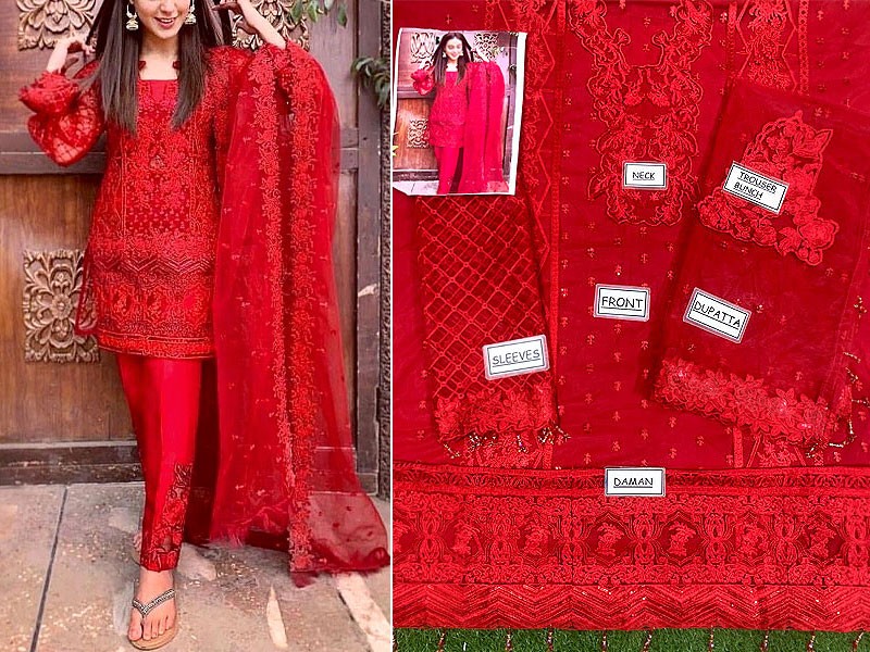 Luxury Heavy Embroidered Red Net Wedding Dress 2023