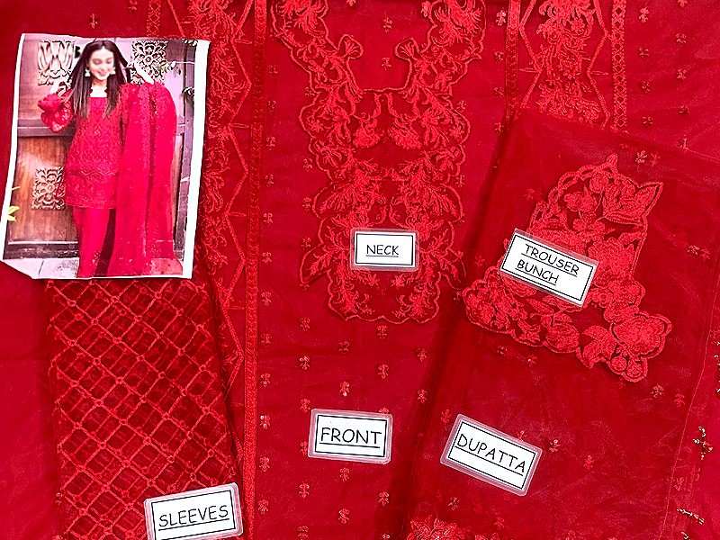 Luxury Heavy Embroidered Red Net Wedding Dress 2023