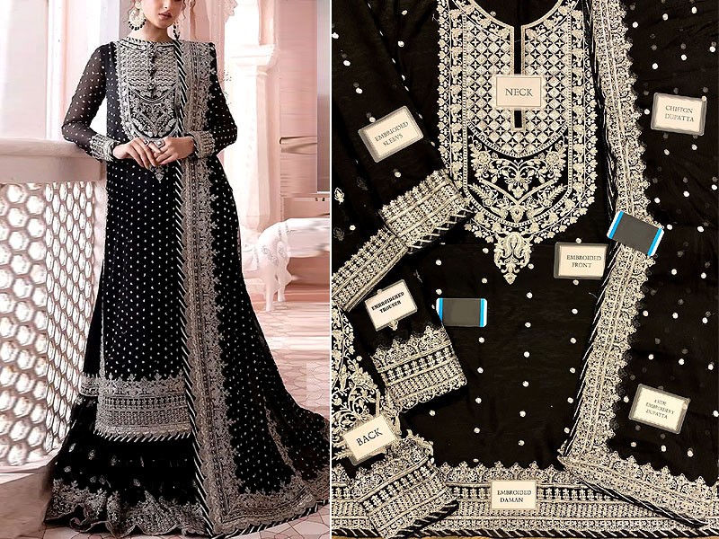 Luxury Heavy Embroidered Black Chiffon Wedding Dress 2024