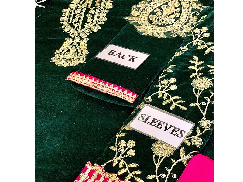 Luxury Embroidered Green Velvet Dress with Emb. Organza Dupatta
