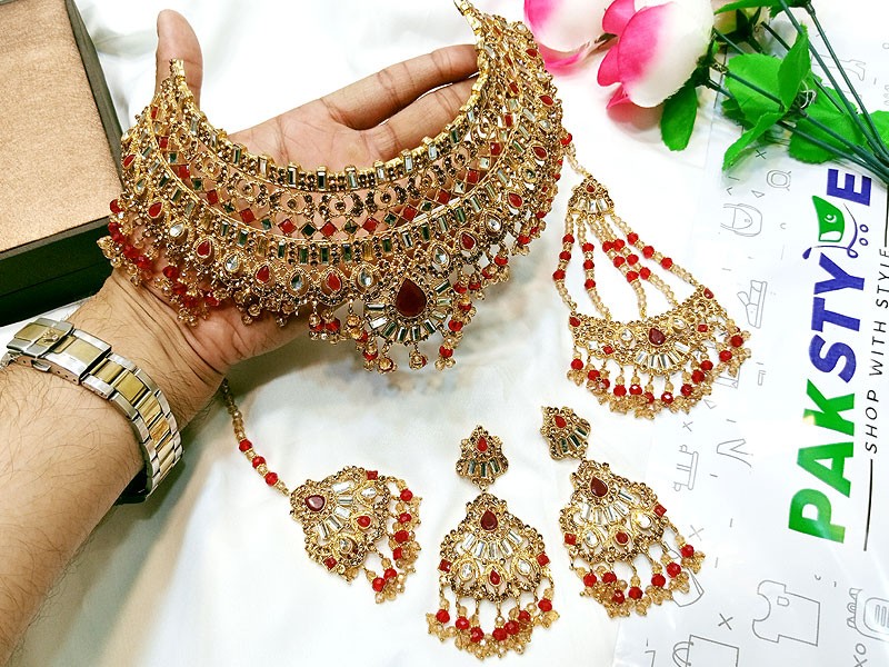 Bridal Collar Choker Necklace Set with Earrings, Jhumar and Maang Teeka