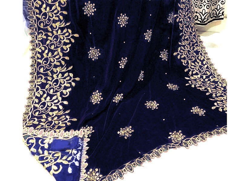 Heavy Embroidered Cutwork Navy Blue Bridal Velvet Shawl