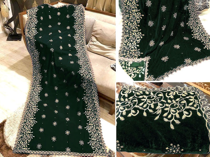 Heavy Embroidered Cutwork Green Bridal Velvet Shawl
