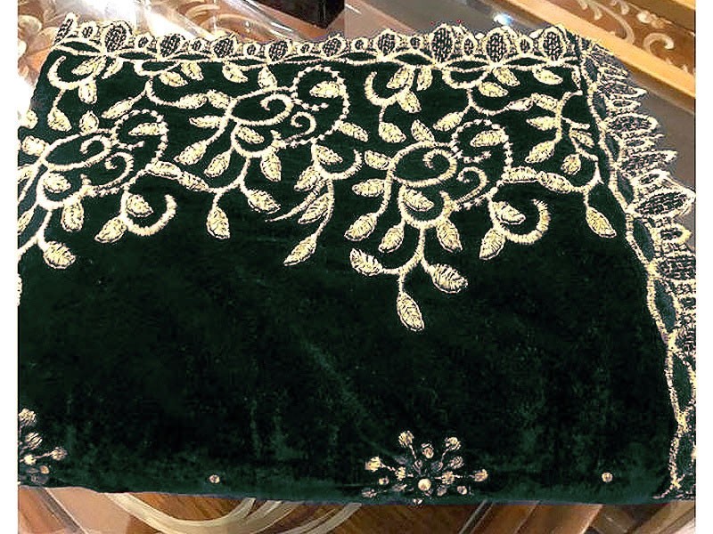 Heavy Embroidered Cutwork Green Bridal Velvet Shawl