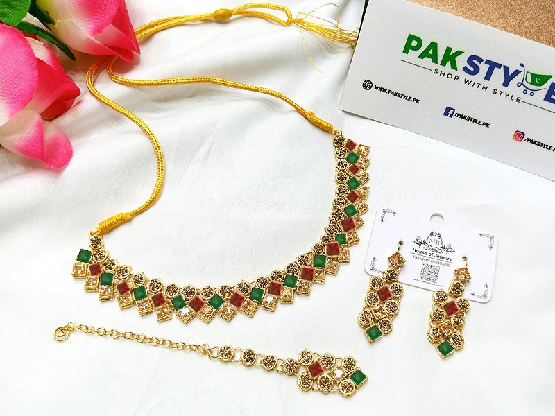 Multicolor Stone Necklace Jewelry Set with Earrings & Tikka