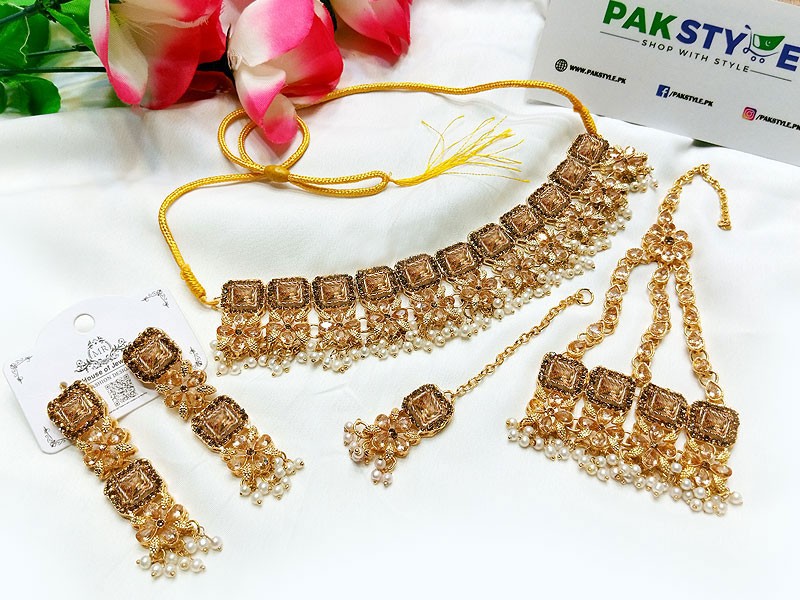 Bridal Champagne Stones Necklace Set with Earrings, Jhumar and Maang Teeka