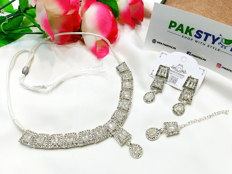 Indian Style Zircon Studded Silver Party Wear Jewellery Set