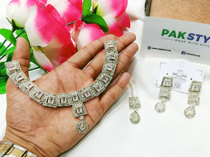 Indian Style Zircon Studded Silver Party Wear Jewellery Set