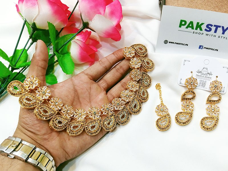 Indian Style  Zircon Studded Party Wear Jewellery Set with Earrings & Tikka