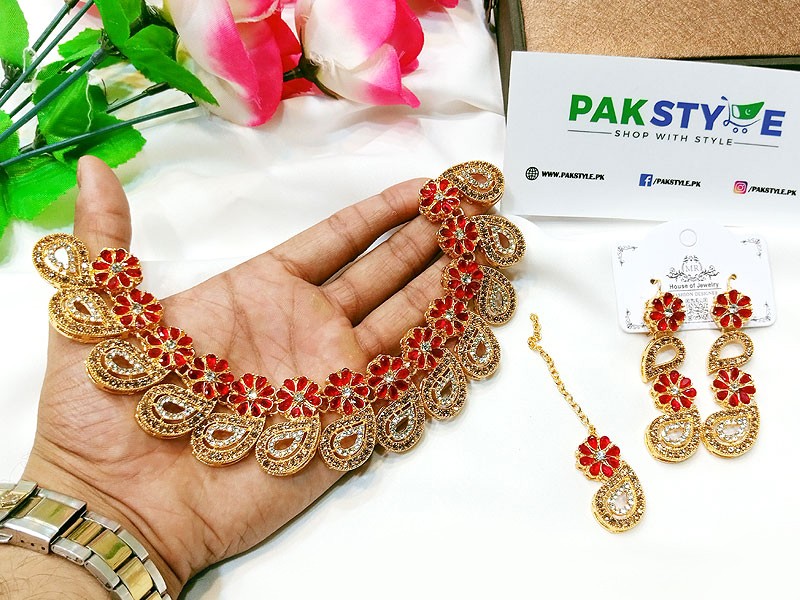 Indian Style  Zircon Studded Party Wear Jewellery Set with Earrings & Tikka