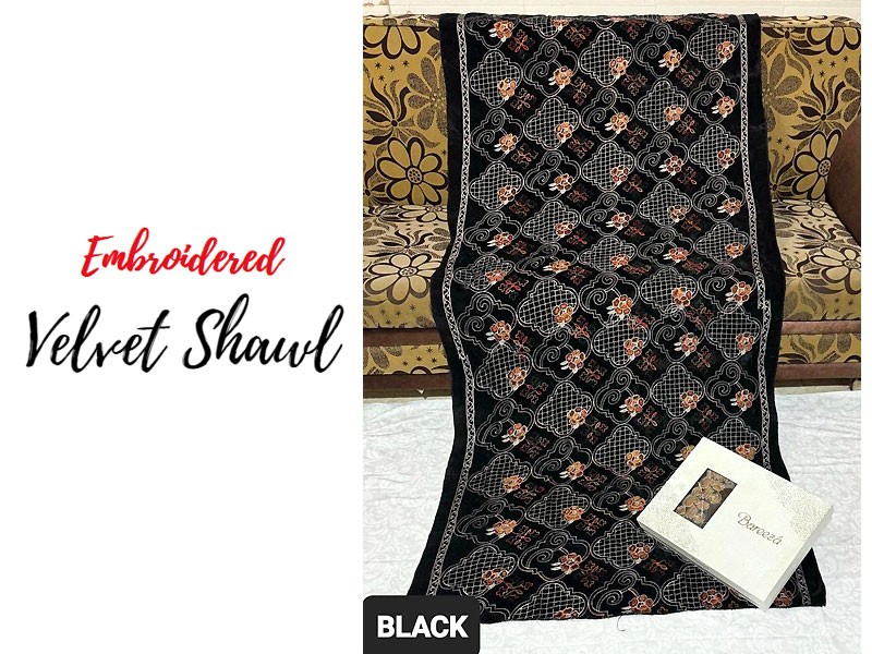 Heavy Embroidered Black Bridal Velvet Shawl