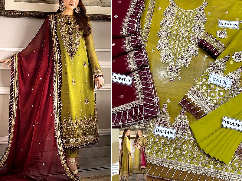 Heavy Embroidered Chiffon Mehndi Dress 2023