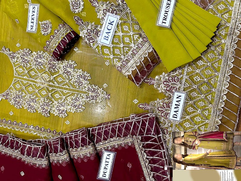 Heavy Embroidered Chiffon Mehndi Dress 2023