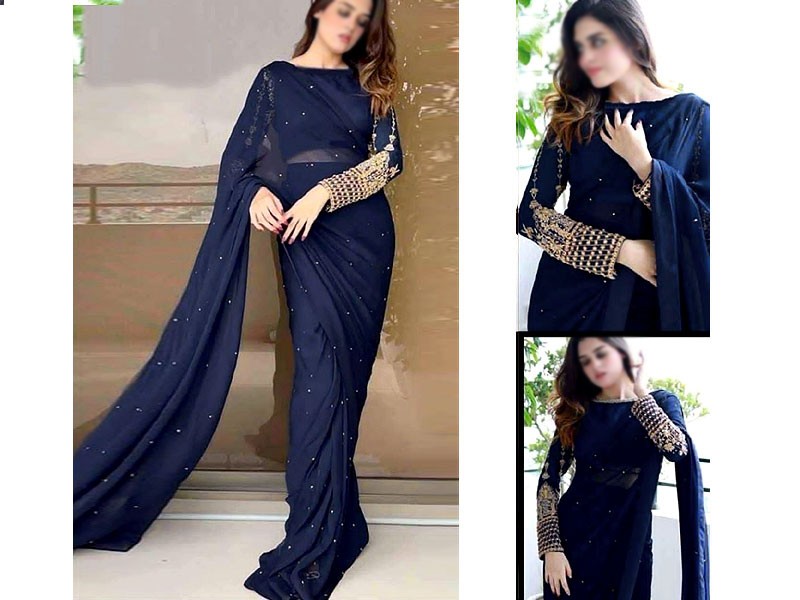 Readymade Navy Blue Chiffon Saree with Embroidered Silk Body