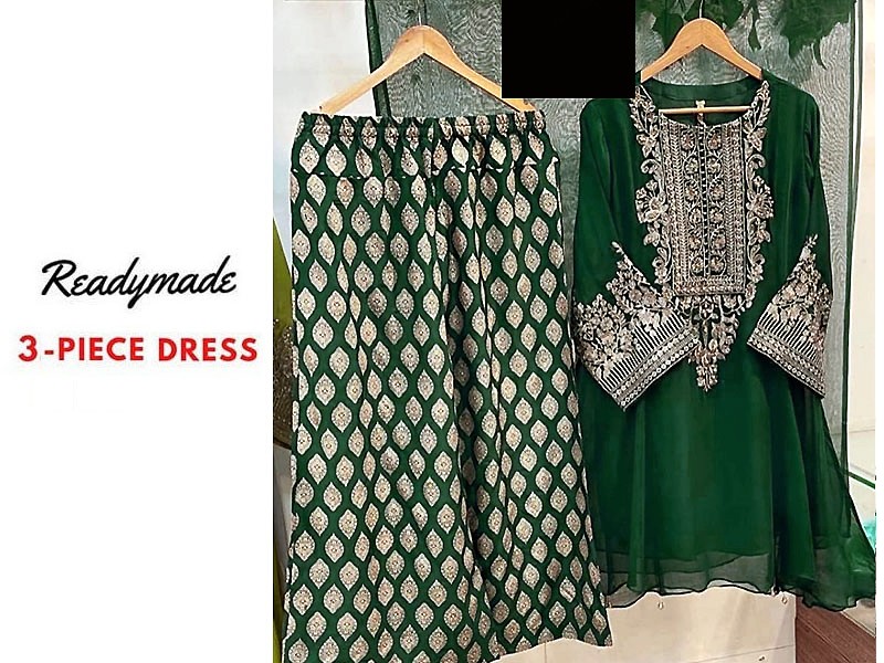 Readymade 3-Piece Embroidered Chiffon Dress- Green