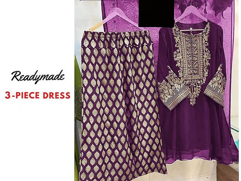 Readymade 3-Piece Embroidered Chiffon Dress- Purple