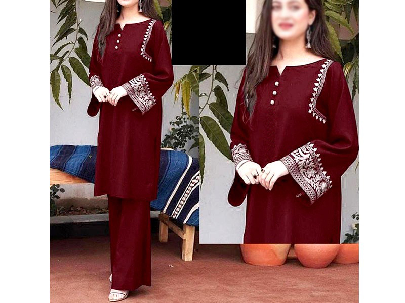 Readymade 2-Piece Embroidered Linen Dress - Maroon