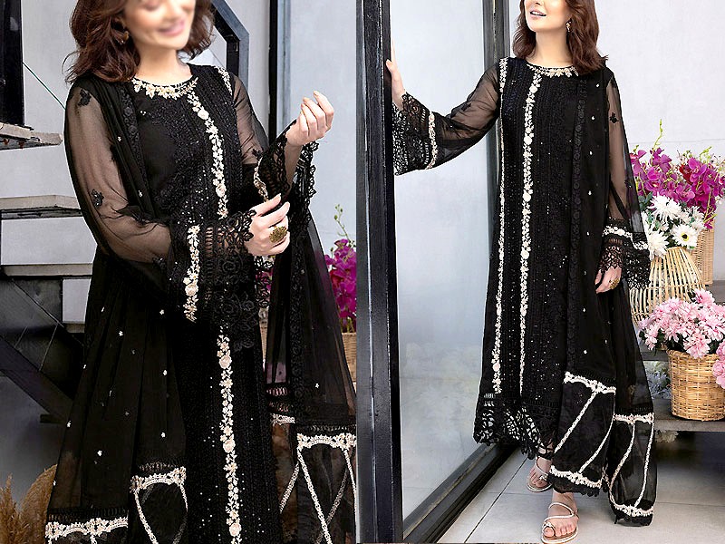 Heavy Embroidered Black Chiffon Wedding Dress with Inner Price in Pakistan
