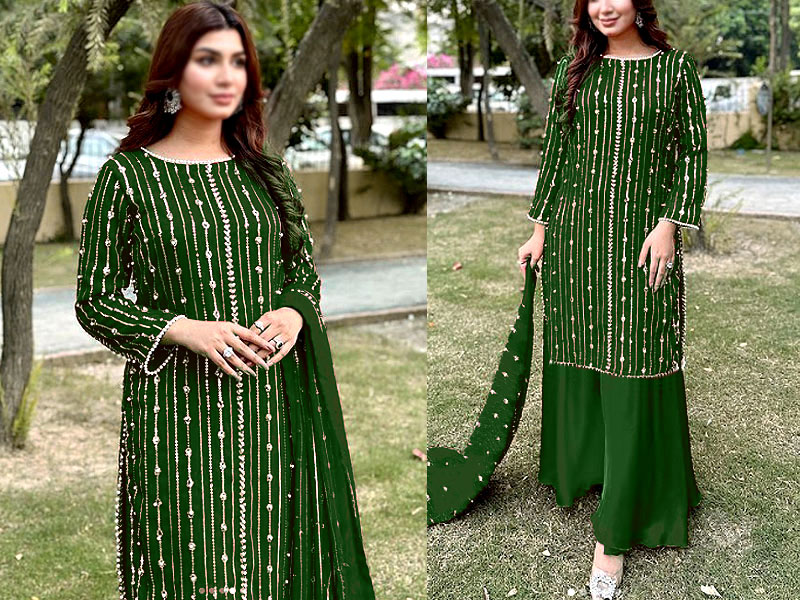 Heavy Embroidered with Pearl Work Chiffon Party Wear Dress 2023 with Embroidered Chiffon Dupatta