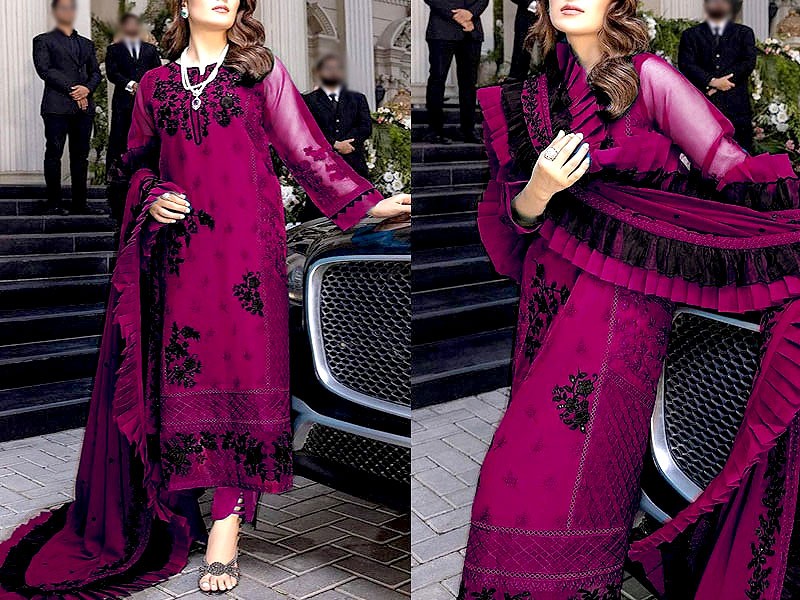 Heavy Embroidered Chiffon Party Wear Dress 2024